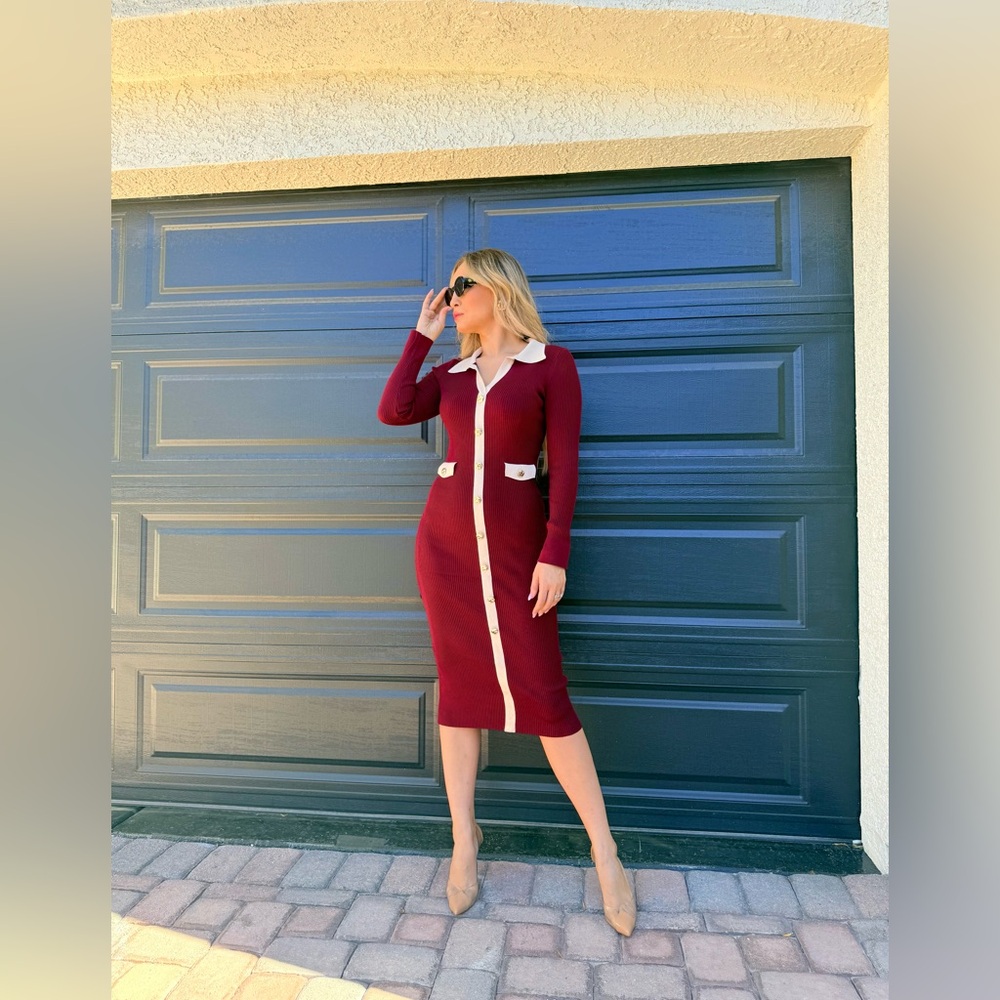 226 ‘Alex’ Elegant Burgundy and White Women's Dress - Picture 4 of 12